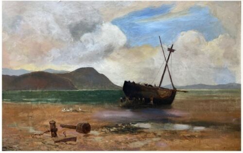 Original Early 20th Century Antique Oil Painting on Canvas Low Tide Beach Scene Boat with Figures Seascape No.1