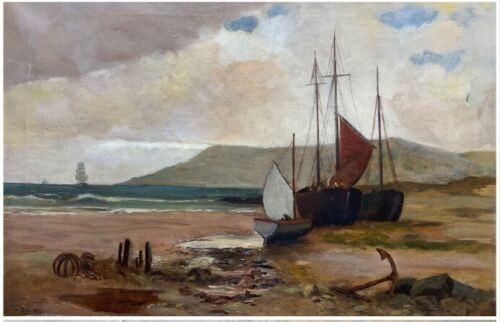Original Initialed 1926 Antique Landscape Oil Painting on Canvas Low Tide Beach Boat Figures Seascape No.2