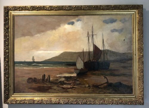 fig 1. Original Initialed 1926 Antique Landscape Oil Painting on Canvas Low Tide Beach Boat Figures Seascape No.2