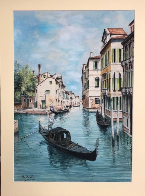 M Argeles Signed 1901 Original Antique Watercolour Painting Venice Gondolier Canal Italian Early 20th Century Landscape