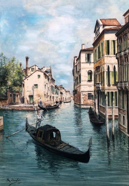 fig 1. M Argeles Signed 1901 Original Antique Watercolour Painting Venice Gondolier Canal Italian early 20th Century Landscape