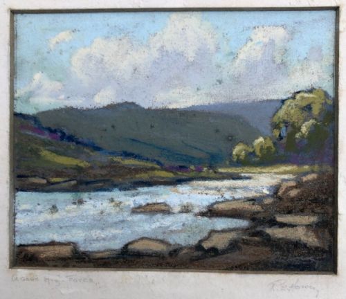 fig 1. Robert Leslie Howey Original mid 20th Century Vintage Pastel Drawing 'Above High Force' on the River Tees Yorkshire Landscape