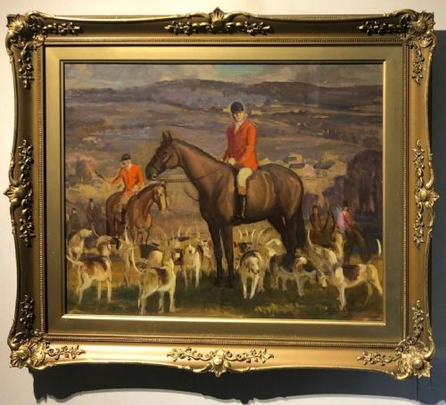 fig 1. English School, Original Vintage Oil Painting on Board Horses & Fox Hounds, Framed Hunting Landscape with Self Portrait Verso