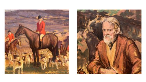 fig 2. English School, Original Vintage Oil Painting on Board Horses & Fox Hounds, Framed Hunting Landscape with Self Portrait Verso