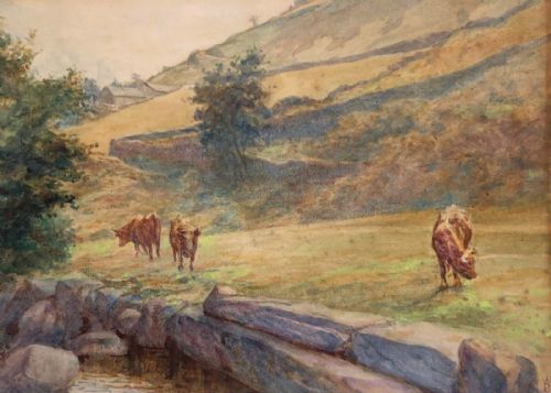 Alfred Walter Bayes Monogrammed Original 19th Century Antique Watercolour Painting Cattle Cows English Landscape