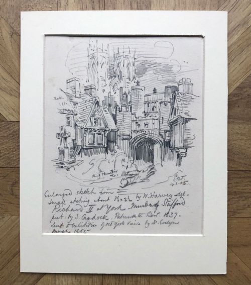 E Ridsdale Tate 1905 Original Early 20th Century Antique Artists Pencil Sketch York Bootham Bar & Minster View with Notes