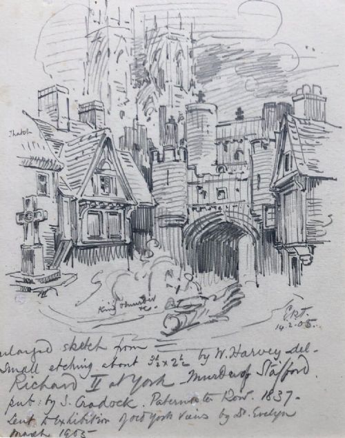 fig 2. E Ridsdale Tate 1905 Original early 20th Century Antique Artists Pencil Sketch York Bootham Bar & Minster View with Notes