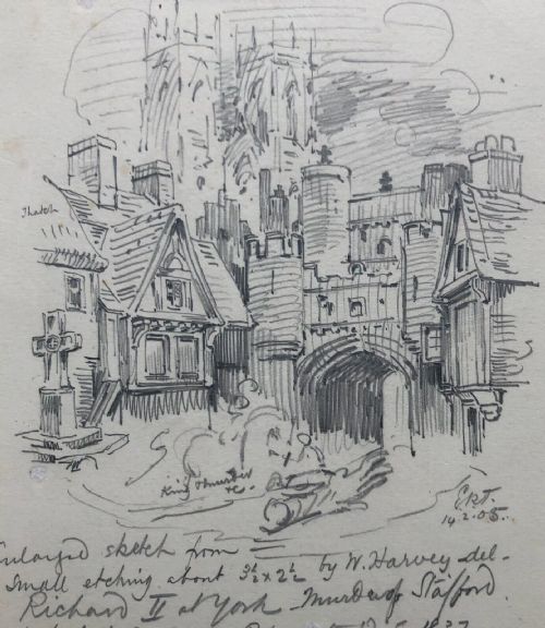fig 3. E Ridsdale Tate 1905 Original early 20th Century Antique Artists Pencil Sketch York Bootham Bar & Minster View with Notes