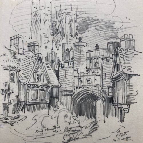 fig 4. E Ridsdale Tate 1905 Original early 20th Century Antique Artists Pencil Sketch York Bootham Bar & Minster View with Notes