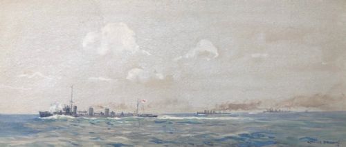 Charles Bryant (Australian) Signed WWI Naval Convoy Original 1916 Antique Seascape Watercolour Painting