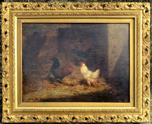 Paul Henry Schouten (Belgian 1860-1922) Original Antique Oil Painting Canvas Laid Onto Wood Panel Chickens in a Barn