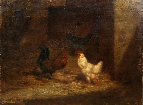 fig 1. Paul Henry Schouten (Belgian 1860-1922) Original Antique Oil Painting Canvas laid onto Wood Panel Chickens in a Barn
