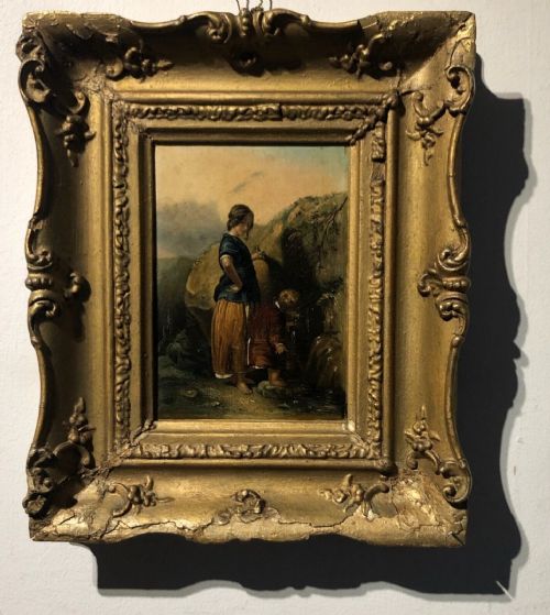 Circle of Paul Falconer Poole Ra Original 19th Century Antique Oil Painting on Canvas Laid Onto Card Figures at a Spring