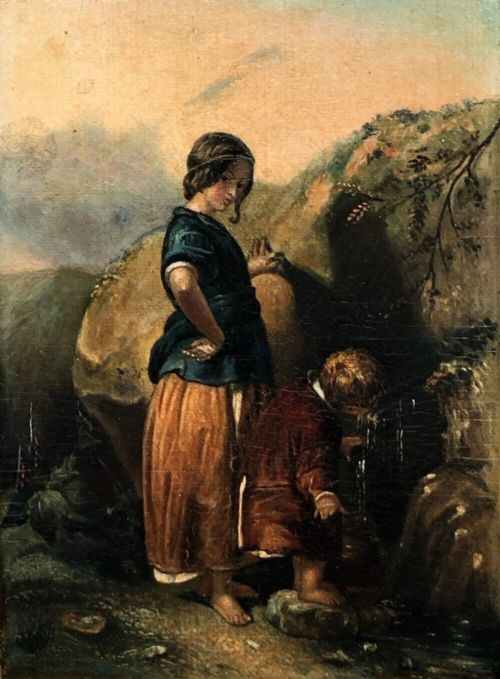 fig 1. Circle of Paul Falconer Poole RA Original 19th Century Antique Oil Painting on Canvas Laid onto Card Figures at a Spring