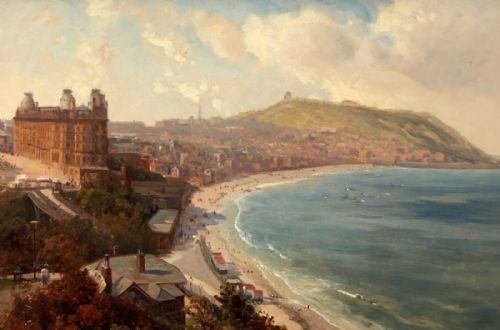Manner of Fred Elwell Original Late 19th Early 20th Century Antique Oil Painting on Board Scarborough South Bay Beach & Grand Hotel Yorkshire Landscape