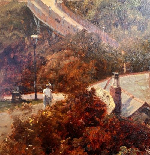 fig 2. Manner of Fred Elwell Original late 19th early 20th Century Antique Oil Painting on Board Scarborough South Bay Beach & Grand Hotel Yorkshire Landscape
