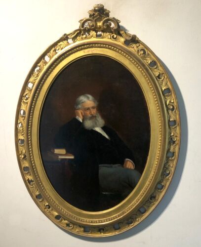 Original Antique Oil Painting on Board Oval Portrait of a Seated Gentleman Scholar in a Gilt Frame