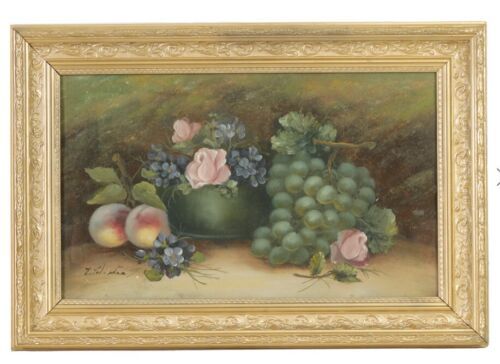 Evelyn Chester Signed Antique Oil Painting on Card Still Life Study of Fruit & Flowers Presented in Decorative Gilt Glazed Frame.