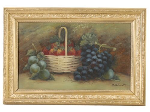 Evelyn Chester Signed Antique Oil Painting on Card Still Life Study of Fruit in Basket with Grapes Presented in a Glazed Decorative Frame
