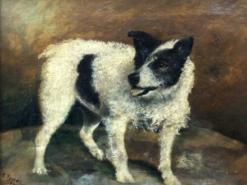 E Tyrell Signed 1933 Original Early 20th Century Antique Oil Painting on Canvas Rough Coated Jack Russell Dog Portrait