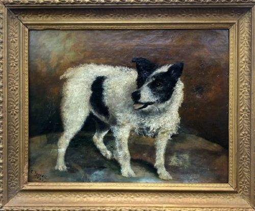 fig 1. E Tyrell Signed 1933 Original Early 20th Century Antique Oil Painting on Canvas Rough Coated Jack Russell Dog Portrait