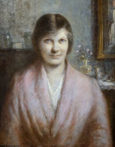 Manner of Gwen John (Welsh) Original Early 20th Century Antique Oil Painting on Canvas Bust Portrait of Lady in a Pink Dressing Gown