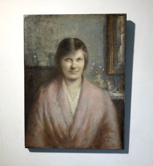 fig 1. Manner of Gwen John (Welsh) Original Early 20th Century Antique Oil Painting on Canvas Bust Portrait of Lady in a Pink Dressing Gown