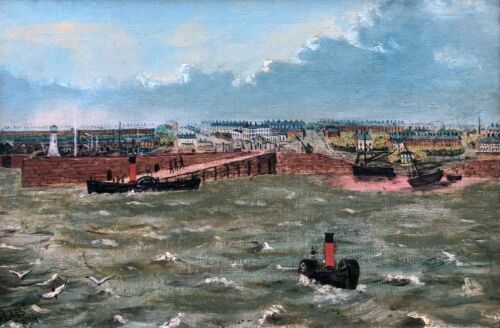 F Legge Signed (18)89 Original Antique Oil Painting on Canvas Coastal Town Harbour Seascape & Steam Boats