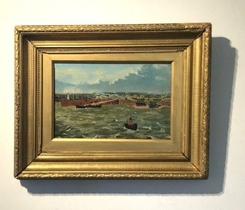 fig 1. F Legge Signed (18)89 Original Antique Oil Painting on Canvas Coastal Town Harbour Seascape & Steam Boats