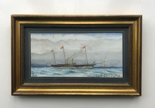 Original Late 19th Century Original Watercolour Painting  'Royal Yacht Victoria and Albert II outward bound to Cherbourg with Queen Victoria Initialled and Dated