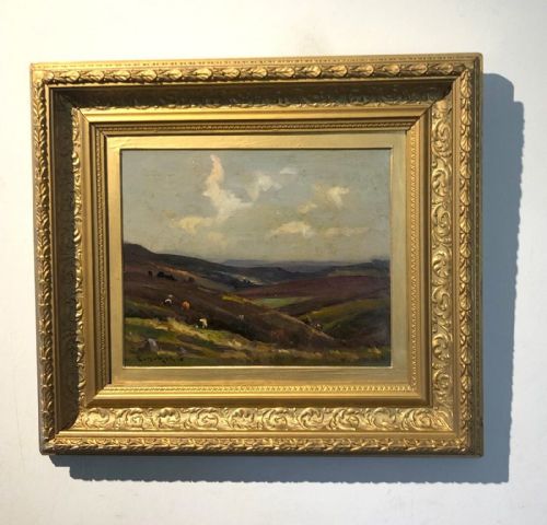 fig 1. Ernest Higgins Rigg signed Late 19th/Early 20th Century Antique Oil Painting on Board Sunlight on the Yorkshire Moors English Landscape