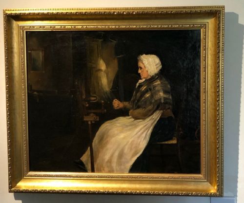 fig 1. Circle of Henry John Dobson Scottish School Antique Late 19th Century Oil Painting on Canvas, A Lady Wearing a Plaid Shawl Sitting at a Spinning Wheel