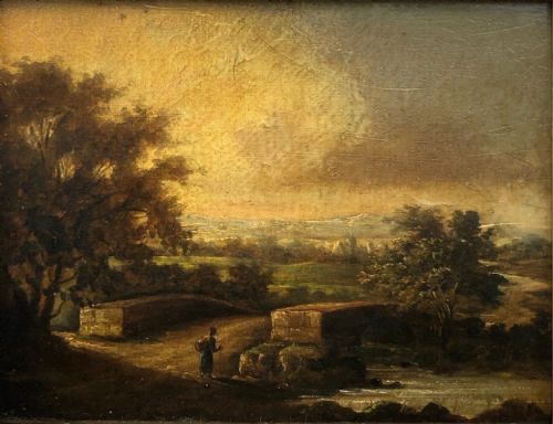 fig 1. Indistinctly Signed19th Century Antique Oil Painting on Board English Rural Landscape, Figure Standing by a Bridge