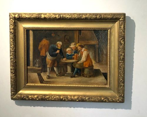 Original 19th Century Antique Dutch School Oil Painting on Canvas Tavern Interior Scene Presented in a Leaf Cast Gilt Frame