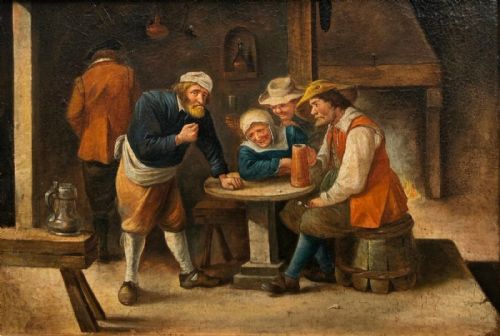 fig 1. Original 19th Century Antique Dutch School Oil Painting on Canvas Tavern Interior Scene presented in a Leaf Cast Gilt Frame