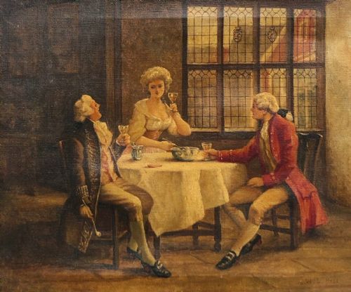 W S Hyde Signed Original Late 19th Century Antique Oil Painting on Canvas Georgian Period Figures Interior 'The Toast'