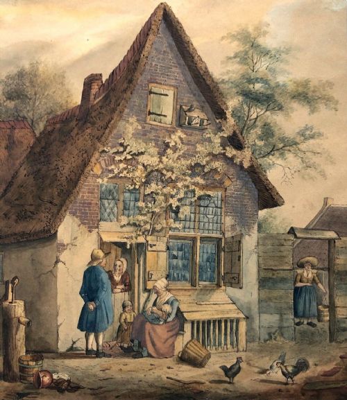 Jc Janson Signed Original Late 18th Century Antique Dutch School Watercolour Painting of a Family in a Farmhouse Landscape