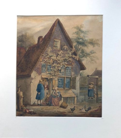 fig 1. JC Janson Signed Original Late 18th Century Antique Dutch School Watercolour Painting of a Family in a Farmhouse Landscape