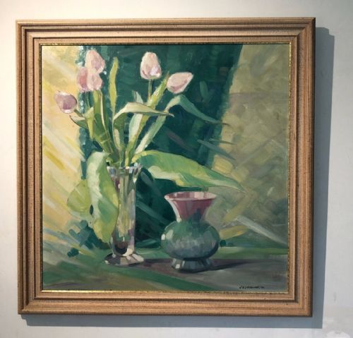 fig 1. W E Littlewood 1934 Signed Original Antique Oil Painting on Board Floral Still Life Study of Pink Tulips in a Vase
