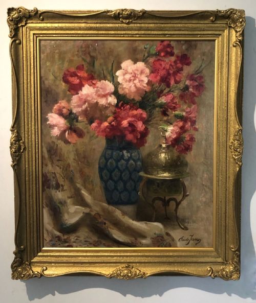 Original Signed Early to Mid 20th Century Oil Painting on Board Floral Still Life Study of Carnation Flowers in a Blue Vase Presented in Decorative Gilt Frame