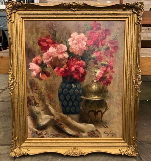 fig 1. Original Signed Early to Mid 20th Century Oil Painting on Board Floral Still Life Study of Carnation Flowers in a Blue Vase Presented in Decorative Gilt Frame