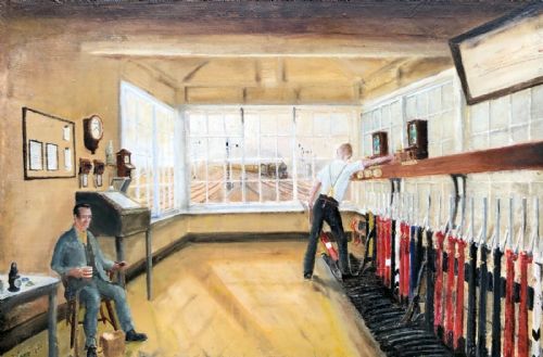 Signed Original Early 20th Century Oil Painting on Board British Railway Signal Box. Figures & Distant Steam Train