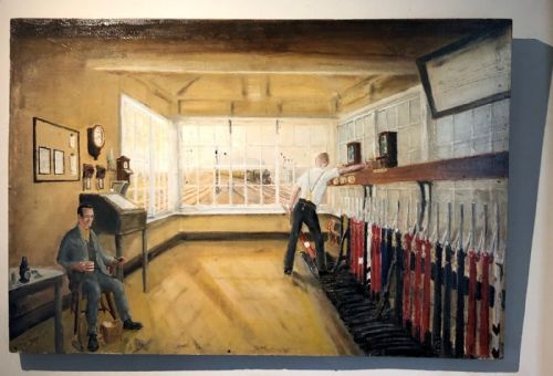 fig 1. Signed Original Early 20th Century Oil Painting on Board British Railway Signal Box. Figures & Distant Steam Train