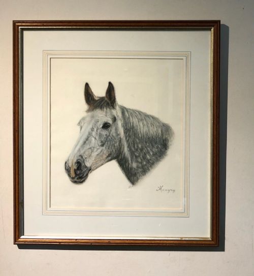 fig 1. Indistinctly Signed Original Vintage Pastel Portrait Horse Study Inscribed 'Hungry'