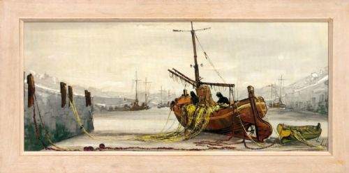 Ben Maile Signed Mid 20th Century Original Oil Painting on Board Mending the Nets, Boat & Harbour Landscape Seascape