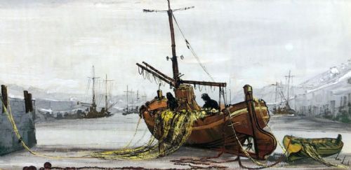 fig 1. Ben Maile Signed Mid 20th Century Original Oil Painting on Board Mending the Nets, Boat & Harbour Landscape Seascape