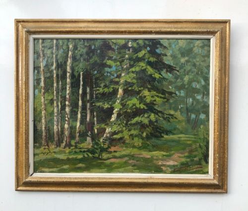 fig 1. Erich Fleischman 1928 Signed Antique Oil Painting on Board Tree & Forest Landscape