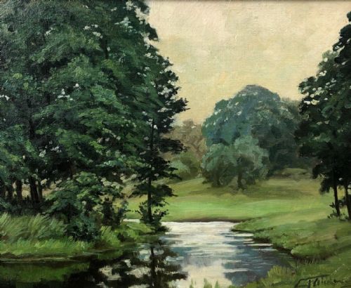 Erich Fleischman Signed Antique Early 20th Century Oil Painting on Board Tree & River Landscape