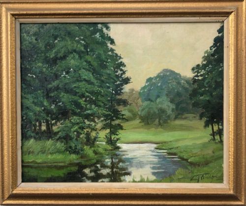 fig 1. Erich Fleischman Signed Antique early 20th Century Oil Painting on Board Tree & River Landscape