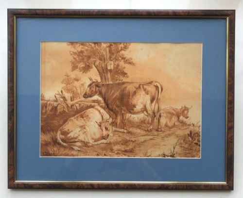 fig 1. Thomas Sidney Cooper Signed Original 19th Century English Landscape & cattle Painting with a Charcoal Self Portrait Verso